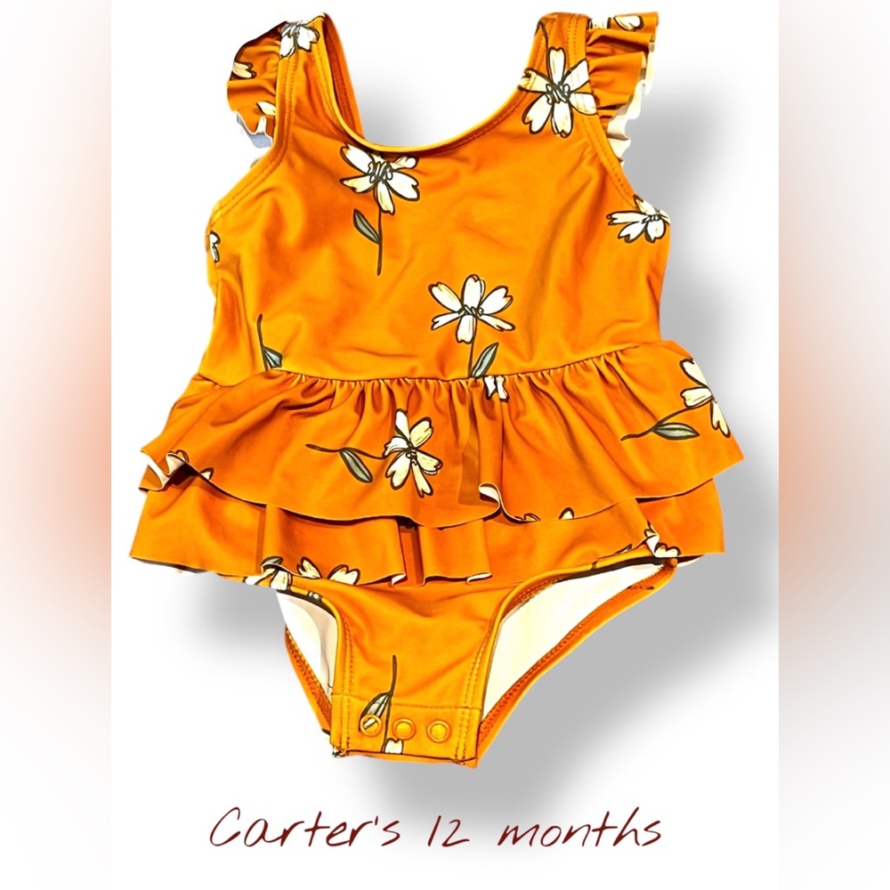 LIKE NEW Carter's Bright Orange Baby Swimsuit with Floral Print (12 mos)